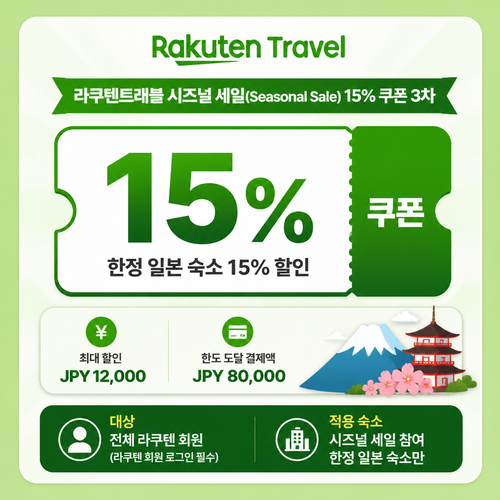 라쿠텐트래블 시즈널 세일 15% 쿠폰 3차 할인 혜택