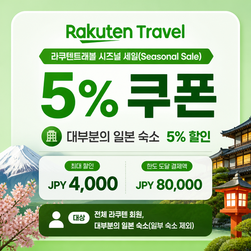 라쿠텐트래블 시즈널 세일 5% 쿠폰 할인 혜택